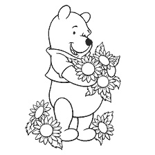 coloring page: Winnie Bear hugs sunflowers