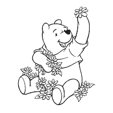 coloring page: Winnie the Bear sits among the flowers
