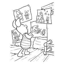 coloring page: Winnie Bear looks at drawings on the wall