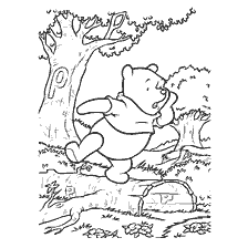 coloring page: Winnie the Bear, running through the woods