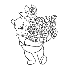 coloring page: Winnie Bear with a basket of fruit and Pig