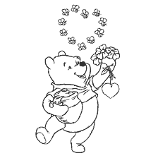 coloring page: Winnie bear with a pot of honey and flowers, surrounded by bees