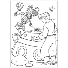 pagina da colorare: Ragazzo e Robot sul pianeta del tesoro