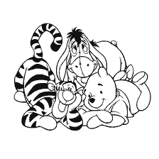 coloring page: Winnie Bear, Tiger and Ushastic Donkey in clothes, having fun together