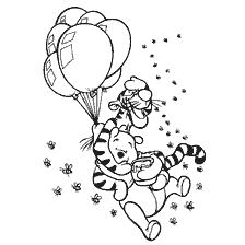 coloring page: Winnie the Pooh bear and Tiger hold onto balloons