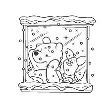 coloring page: Winnie the Bear and Piglet, looking at the winter landscape outside the window