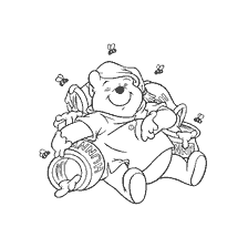 coloring page: Winnie Bear with banks of honey and bees around