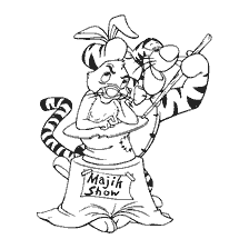 coloring page: Tigger in a striped magician costume in front of the audience with a magic wand