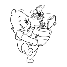 coloring page: Winnie Bear holds a can of honey from which a bee flies.