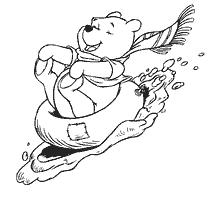 coloring page: Winnie the Pooh sledging down the mountain