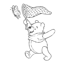 coloring page: Winnie Bear with a net trying to catch a butterfly