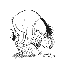 coloring page: Winnie the Pooh donkey stands on a rock, caterpillar crawls near