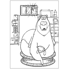coloriage: Bear avec un jouet dans ses pattes en arri&egrave;re-plan de la pi&egrave;ce