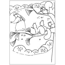 coloriage: Coloration de la caricature Hunting Season, repr&eacute;sentant un &eacute;cureuil et un ours.