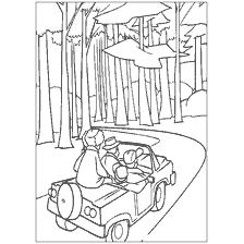 coloriage: Saison de chasse avec des h&eacute;ros sur la voiture dans les bois