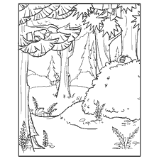 coloriage: Saison de chasse : pins et chasseurs dans la for&ecirc;t