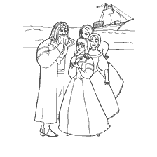 pagina da colorare: Scena con il mercante e le sue figlie sullo sfondo del mare e della nave
