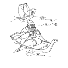 pagina da colorare: Un commerciante fila in una barca, una nave &egrave; vista in lontananza.