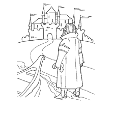 pagina da colorare: Illustrazione per la fiaba Scarlet Flower, raffigurante un personaggio in piedi sulla strada con un castello in lontananza.