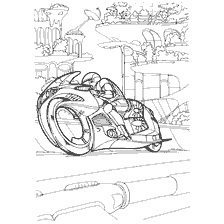kolorowanka: Rysunek prototypu motocykla na tle futurystycznego miasta