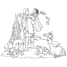 pagina da colorare: Abbracci del principe Biancaneve di fronte al castello e animali