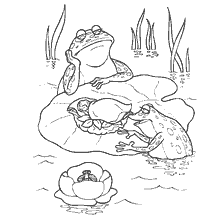 coloring page: Illustration from Hans Christian Andersen's fairy tale: Thumbelina in a cradle on a water lily with toads.