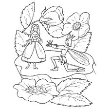 coloring page: Prince kneels in front of Thumbwochka surrounded by flowers