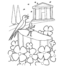 coloring page: Illustration for the fairy tale of Andersen, where a bird and a ballerina against the background of foliage and a temple