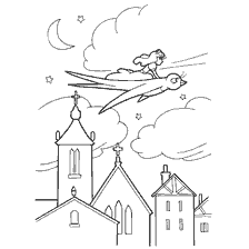 coloring page: Illustration from Hans Christian Andersen's fairy tale, where a swallow flies with a girl on her back above the city.