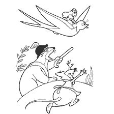 coloring page: Illustration from Hans Christian Andersen's fairy tale "The Thumbelian", where she flies away on a large bird.