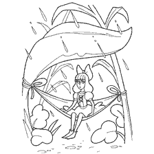 coloring page: An illustration of Thumbelina under a large leaf protecting it from rain.