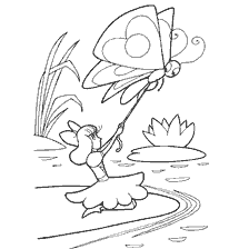coloring page: Girl pulls moth on pond
