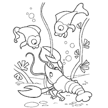 coloring page: Cancer and small fish in the world of underwater fairy tales