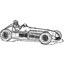 раскраска: Рисунок ретро гоночного автомобиля Формулы 1 с гонщиком за рулем