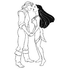 coloriage: Pocahontas et John Smith tiennent la main dans le rakrask