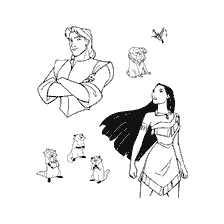 coloriage: Personnages de Pocahontas : Pocahontas, John Smith et les animaux