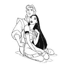 coloriage: Pocahontas et John Smith assis ensemble, image pour livre de coloriage