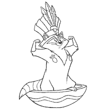 coloriage: Raccoon Miko dans un chapeau avec des plumes sur un bateau