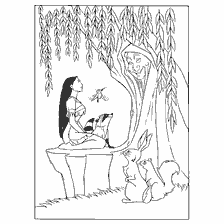 coloriage: Pocahontas est assis avec grand-mère Iva et les animaux dans les bois