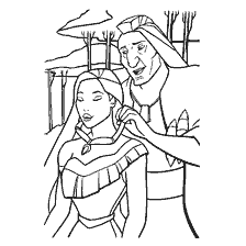 coloriage: Dessin d'un père donnant à Pocahontas le collier de sa mère