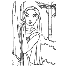 coloriage: Pocahontas se cachant derrière un arbre
