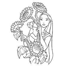 coloriage: Coloration Pocahontas avec de grands tournesols