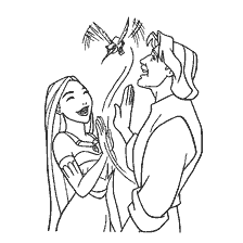 coloriage: Pocahontas et John Smith se saluent avec un oiseau au-dessus