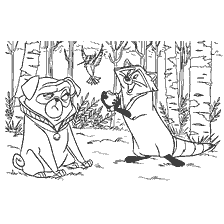 coloriage: Couleur avec le héros du dessin animé Pocahontas - un chien et un raton laveur.