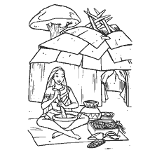 coloriage: Pocahontas assis devant une cabane avec un bol et des outils pour le travail