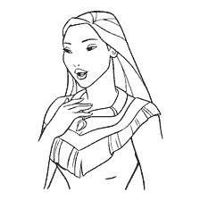 coloriage: Peinture de Pocahontas représentant une fille indienne aux longs cheveux et colliers