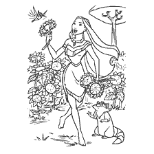 coloriage: Coloration Pocahontas avec des amis dans un jardin fleuri