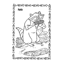 coloriage: Coon Miko mange du maïs au milieu de souches