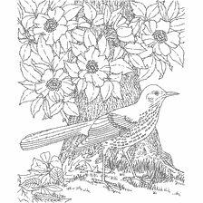 coloring page: Coloring with the image of a brown woodpecker by a tree with flowers