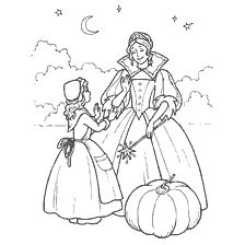 pagina da colorare: Cenerentola e la fata madrina con zucca sotto la luna